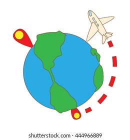 Travelling by plane around the world icon in cartoon style on a white background