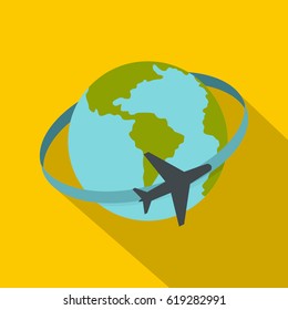 Travelling by plane around the world icon. Flat illustration of travelling by plane around the world vector icon for web