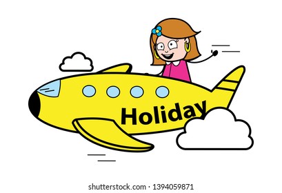 Travelling By Plane - Retro Cartoon Female Housewife Mom Vector Illustration