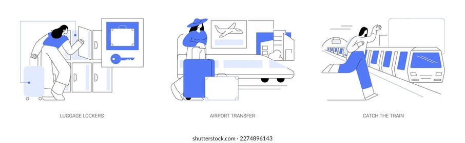 Travelling by train abstract concept vector illustration set. Luggage lockers facility, waiting for airport transfer, passenger catch the train, public transport service abstract metaphor.