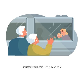 Travelling by Train concept. Joyful family reunion at a train window, an elderly couple greets a young mother and child. Emotive travel encounter.