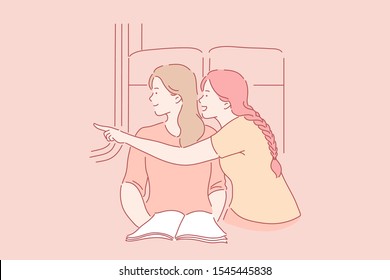 Travelling by train concept. Mother and child enjoying window view, tourists having happy trip in passenger car, pleasant railway journey, cute girlfriends travelling together. Simple flat vector