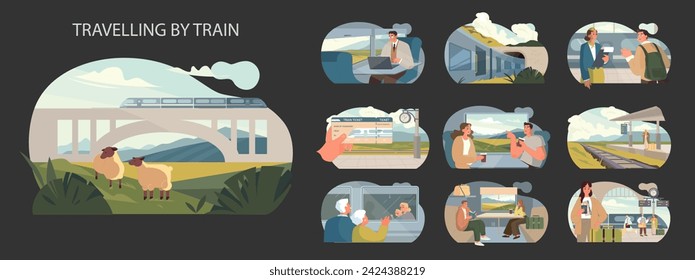 Travelling by Train set. A panorama of rail travel experiences. Commuters and vacationers, serene landscapes, bustling stations. Modern journey comfort.