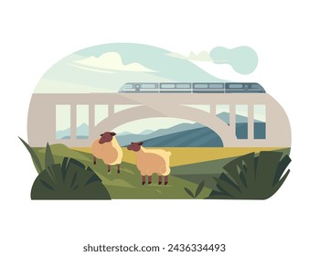 Viajar en tren. Un tren elegante avanza a través de un campo tranquilo, observado por ovejas pastando. Encarna la armonía de la tecnología y la naturaleza.