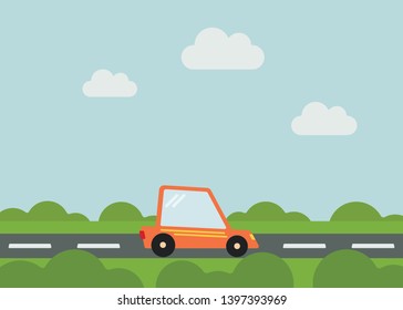 Travelling Car Driving On A Smooth Simple Cartoon Background For Your Design