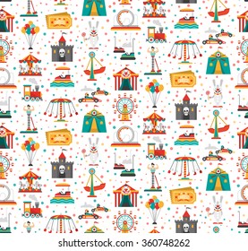 Travelling carnival amusement park show fair seamless festive pattern with retro tickets clown and castle vector illustration 