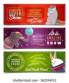 Travelling chapiteau circus magical show flat horizontal banners set with performing sea lions abstract isolated vector illustration