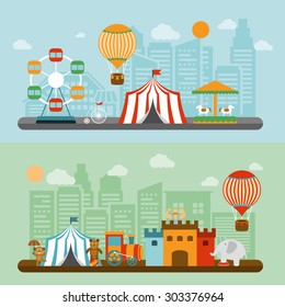 Travelling chapiteau circus tent in city nostalgic flat banners set  with elephant and strongman vector isolated illustration