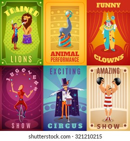 Travelling circus amazing show announcement 6 flat banners composition with trained animals performance abstract isolated vector illustration