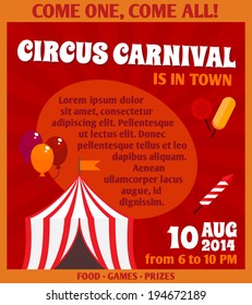 Travelling Circus Carnival Event Advertising Games Prizes And Exciting Clown Balloons Performance Colorful Poster Design Vector Illustration