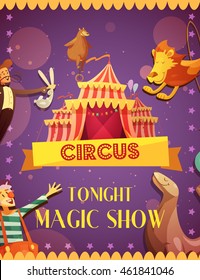 Viajando circo show de magia retro cartoon anúncio cartaz com tenda selo leão e palhaço desempenho vetor ilustração