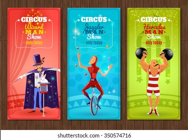 Travelling circus one day show flat banners set with juggler strongman and wizard abstract isolated vector illustration