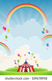 Travelling circus and rainbow with space for text