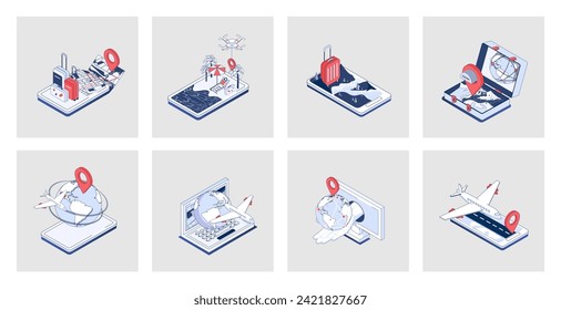 Travelling concept of isometric icons in 3d isometry design for web. Online tickets booking, flight with baggage to vacation, global tourism, summer trip to sea beach resort. Vector illustration