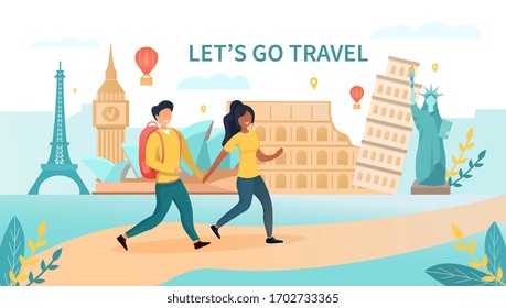 Travelling concept with a multiethnic couple walking against the eiffel tower and statue of liberty. Vector illustration