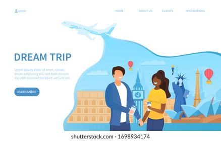 Travelling concept with a multiracial couple taking a selfie against the eiffel tower, coliseum and statue of liberty. Vector illustration