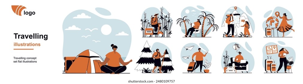 Travelling concept with people scenes mega set in flat web design. Bundle of character situation with travelers with luggage go on vacation, hiking, global travel, beach resort. Vector illustrations.