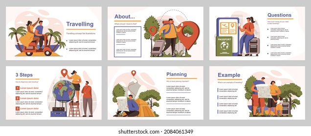 Travelling concept for presentation slide template. People with luggage go on vacation at summer trip. Tourists hiking at mountains routes. Vector illustration with flat persons for layout design