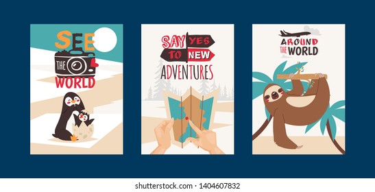 Travelling concept set of cards vector illustration. See the world. Say yes to new adventures. Around the world. Taking photos of animals. Using map. Sloth hanging on tree. Motivation slogan.