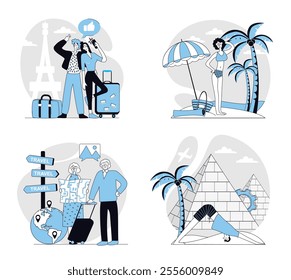 Travelling concept set in flat design for web. Collection with people go in vacation in France or Egypt, visiting sea beach, hiking and trekking, resting in trip and sightseeing. Vector illustrations.