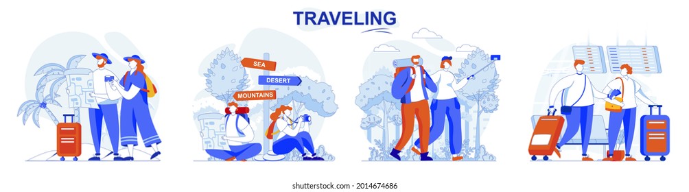 Travelling concept set. Travelers fly on vacation, tourists take trip, journey. People isolated scenes in flat design. Vector illustration for blogging, website, mobile app, promotional materials.