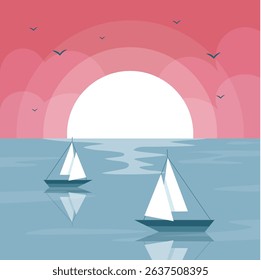 Travelling concept. Simple flat sunset on the sea with two sailboats. 