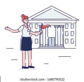 Travelling Concept. Tourist Guide Stand With Red Flag In Front Of Famous Building, Ready To Explain Details About City Or Country For Visitors. Cartoon Linear Outline Flat Style. Vector Illustration