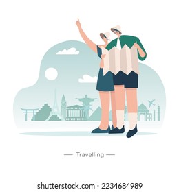 Travelling concept vector illustration. young couple going to go on vacation.