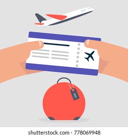 Travelling, conceptual illustration. Hands holding the boarding pass at the airport. Flat editable vector illustration, clip art