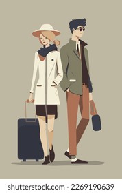 Travelling couple going to go on vacation, honeymoon.