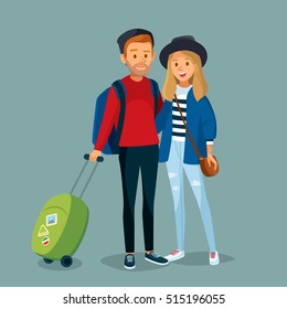 Travelling couple going to go on vacation. Portrait of travelers, tourists with travel bag and map. Young pair on trip, journey. 