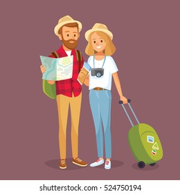 Travelling Couple Going To Go On Vacation. Portrait Of Travelers, Tourists With Travel Bag And Map. Young Pair On Trip, Journey. Young Girl With Photo Camera.