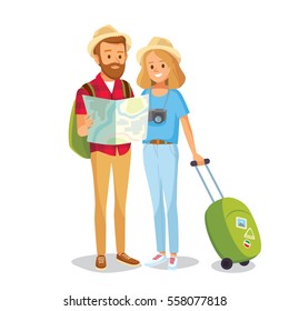 Travelling couple going to go on vacation. Portrait of travelers, tourists with travel bag and map. Young pair on trip, journey. Young girl with photo camera.