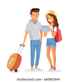 Travelling couple going to go on vacation. Portrait of travelers, tourists with travel bag and map. Young pair on trip, journey. Young girl with tablet PC.