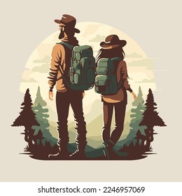 Travelling couple logo going to go on vacation concept illustration in flat color vector style