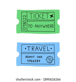 Travelling coupon and ticket to anywhere with hand lettering. Funny vector isolated illustration.