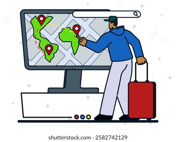 Travelling destination concept. A man holding luggage to pointing location on big screen of maps. Navigation apps, GPS maps, vacation on holiday, tourist, smart trip navigation online, traveler review