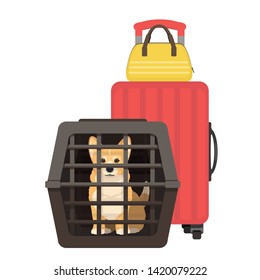 Travelling with dogs. Vector illustration of dog in a pet cage and suitcase on wheels. Carriage of dogs.