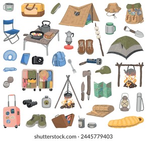 Travelling doodles collection. Set of camping items, hiking equipment, journey attributes. Vector illustration in cartoon style isolated on white.