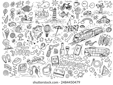 Travelling doodles, hand drawn vector illustration on white background