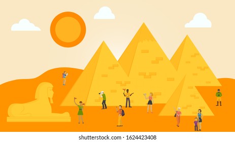 Travelling in Egypt concept vector illustration. Groups of people tourists with guides making photo and walking close to egyptian sights. Landmarks Pyramid of Cheops and Great Sphinx of Giza.