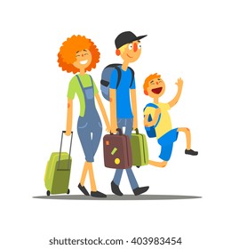 Travelling Family Going On Vacation Primitive Flat Vector  Drawing In Simple Cartoon Style On White Background