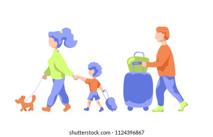Travelling family with pet and luggage, flat vector illustration. Family leaving to summer vacation. Man and woman with child in airport. Wife and husband with kid traveling. Airport scene isolated