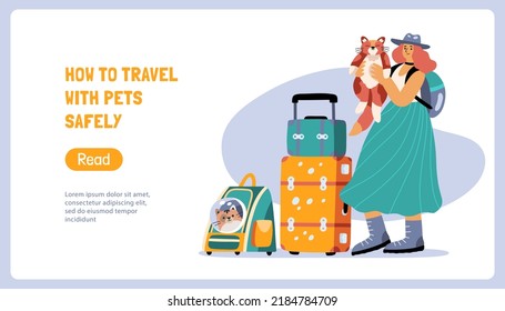 Travelling girl with a cat; luggage and pet carrier. Travelling with pets landing page or banner concept. Design for your website. Place for text. Tourism day. Hand drawn flat vector 