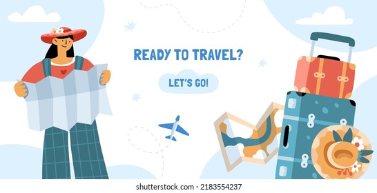 Travelling girl with a map, luggage and hat