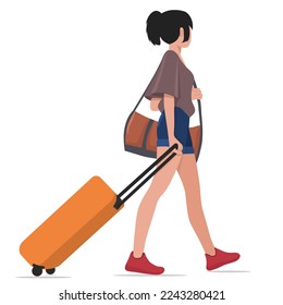 Travelling girl. traveller girl caring handbag and suitcase. 