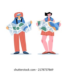 Travelling guy and girl with maps, navigating, looking for the route. Modern male and female full-length characters. Travel themed concept for prints, ads, web, social media. Tourism day