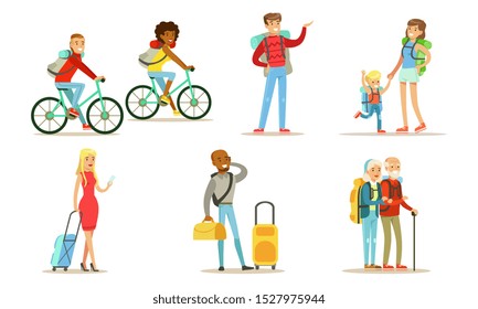 Travelling and Hiking People Set, Tourists Characters Riding Bikes, Men and Women with Backpacks Going on Vacation Vector Illustration