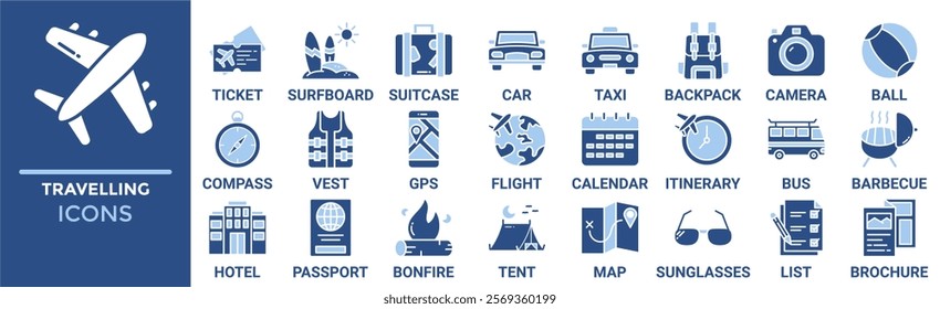 Travelling icon set. Containing ticket, surfboard, suitcase, car, taxi, backpack, camera and more. Solid vector icons collection