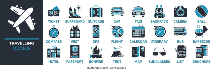 Travelling icon set. Containing ticket, surfboard, suitcase, car, taxi, backpack, camera and more. Solid vector icons collection